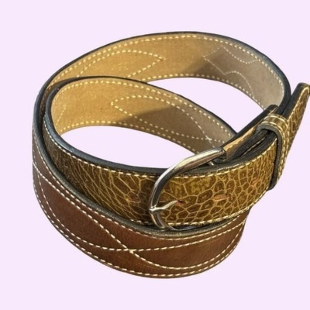 Brown Leather Belt Silver Tone Accents Hide Cowgirl Buckle Waist 36” Office OOTD